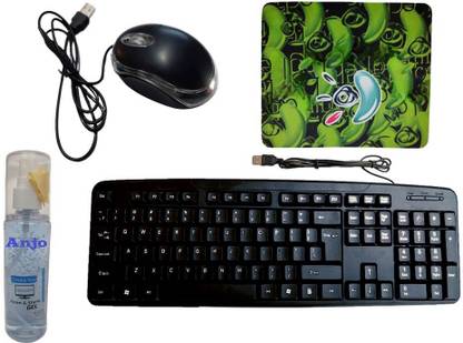 ANJO 4 in 1 Combo of Wired Mouse, Pad, Cleaning Kit 100ml With Cloth & Wired USB Standard Multi-device Keyboard Compatible with Desktop, Laptop, Mac