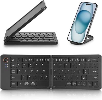TECPHILE B023 Portable Wireless Multi-Device Two Fold Foldable Keyboard with Phone Holder Bluetooth Handheld Multi-device Keyboard Compatible with Desktop, Laptop, Tablet, iPad, Mac Easy to Use,Plug and Play,Quick, Comfy Durable body