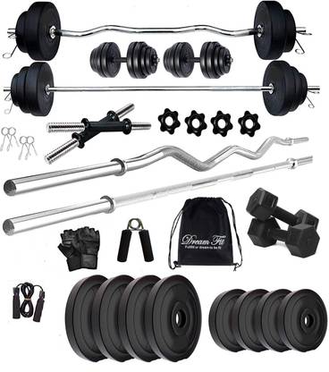 DreamFit 30 kg 30 kg with Staight , Curl Rod , pair of 2 kg pvc Hex Dumbbells Home Gym Combo