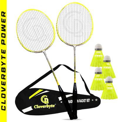 CLOVERBYTE POWER Yellow LightWeight Badminton Racquet 1 Pair with 4 pc Shuttlecocks & Cover Badminton Kit