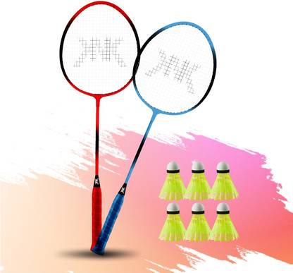 KNK Single Shaft Badminton Racket Set Of 2 With 6 Pc Nylon Shuttlecock Badminton Kit