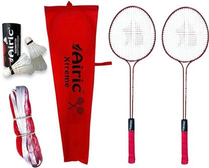 Airic Xtreme Double Shaft Raquets with Feather Shuttles and 3 side tape Net Badminton Kit