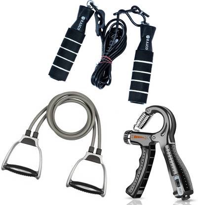 LatinX Combo of Hand Grip Strengthener with Resistance Band & Skipping Rope Fitness Accessory Kit Kit