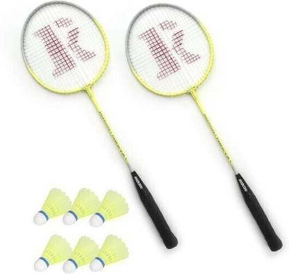 Laksh sports Badminton Set Of 2 Piece Single rod Racquet with 6 Piece Plastic Shuttle Badminton Kit Badminton Kit