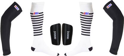DENOVO Ultimate Protection (One Pair Large Shin Guard + One Pair Lycra Striped Knee Length Football Socks + One Pair UV Protection Arm Sleeves) Football Kit