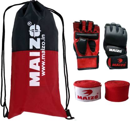 MAIZO Genuine Leather Mma Glove Combo With Assorted Hand Wrap And Drawstring Boxing Kit
