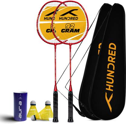 Hundred Powertek 200 (2 Strung Rackets with 2 Full Covers) & 3pc Aura Nylon Shuttlecocks Badminton Kit