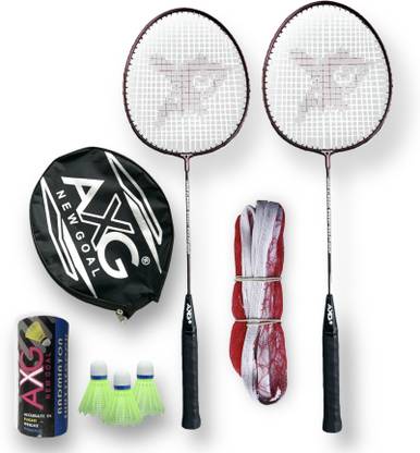 AXG न्यू गोल Hot Shot Scratch Resistant Badminton Racquets 2pc, 3 Plastic Shuttles and Net बैडमिंटन किट