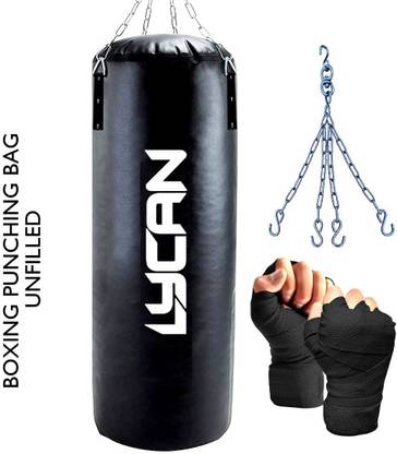 LYCAN 2Ft Unfilled Heavy Black Boxing Bag with Steel Chain & Hand wrap Hanging Bag