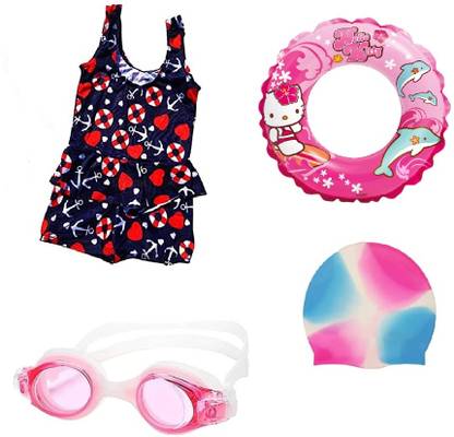 SVNFOXX Swimming Dress For Girls with Goggles, Swimming Set (3-5 Years) with Seim Ring Swimming Kit