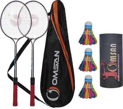OMSAN Double Shaft Alloy Steel Racket with 3 Color Feather Shuttlecock and Bag Badminton Kit