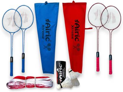 Airic Xtreme Double Shaft Raquets with Feather Shuttles and 3 side tape Net Badminton Kit