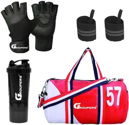 GROUPERS PU Leather Gym Duffle bag ll Sipper Bottle ll Gloves ll Wrist Band - RD WHT Fitness Accessory Kit Kit