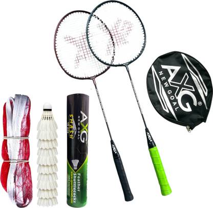 AXG NEW GOAL Scratch Resistant A-2000 Racquets set of 2 with 10 Feather Shuttles & Net Badminton Kit