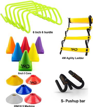 YMD 6" 6 hurdle, 6" Cones 5, 5 Space Markers, 4 Meter Ladder Agility and Pushup Bar Football Kit