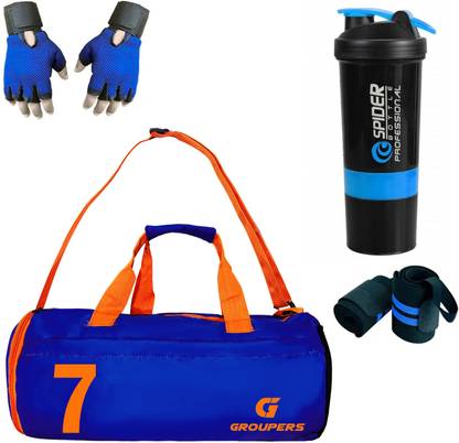 GROUPERS Gym Duffle bag ll SPD Sipper Bottle ll Wrist Band ll Gym Gloves- 07 Fitness Accessory Kit Kit