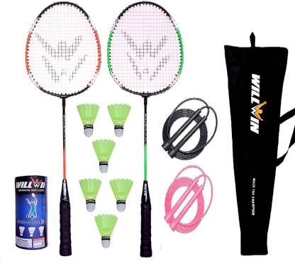 WILLWIN Combo Badminton Set Of 2 Racket And 2 Skiping Rope And 6 Shuttle with Cover Badminton Kit