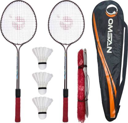 OMSAN 2 Pieces Aluminium Badminton Racket with Net and Bag 3 Pieces Feather Shuttles- Badminton Kit