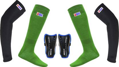 DENOVO Ultimate Protection (One Pair Large Shin Guard + One Pair Lycra Plain Knee Length Football Socks + One Pair UV Protection Arm Sleeves) Football Kit