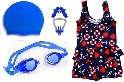 SVNFOXX Printed Girls Swim-dress Multicolor Swimsuit with Swimming Combo (4-5 Years) Swimming Kit