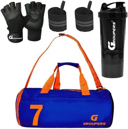 GROUPERS Gym Duffle bag ll SPD Sipper Bottle ll Wrist Band ll Gym Gloves- 07 Fitness Accessory Kit Kit