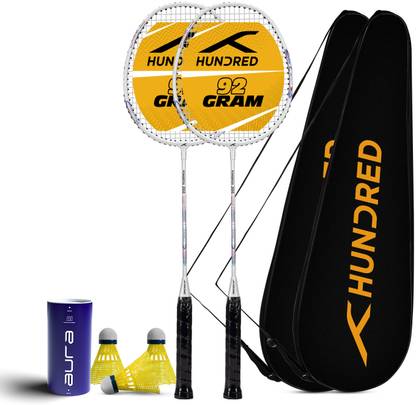 Hundred Powertek 200 (2 Strung Rackets with 2 Full Covers) & 3pc Aura Nylon Shuttlecocks Badminton Kit