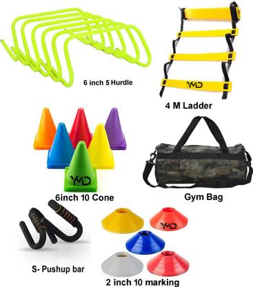 YMD 6 Inch 5 hurdle, 10 Cone, 10 Space Marker, 4M Ladder Agility, S-Pushup Bar, Bag Football Kit