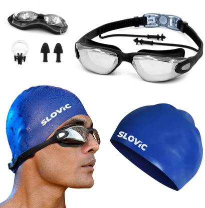SLOVIC Goggles & Cap for Adults | Changeable Nose Bridge | Anti-Fog | Combo Swimming Kit
