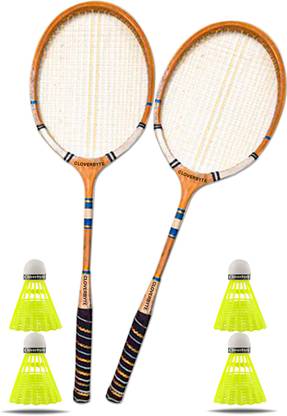 CLOVERBYTE Wooden Badminton kit Set Of 2 Piece Racquet with 4 Piece Plastic Shuttle Cock Badminton Kit