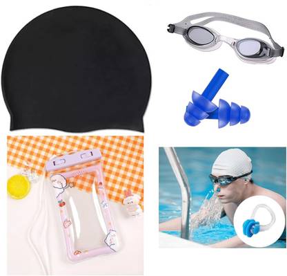 DECRONICS Swimming Combo Set of 5 Items Goggles, Cap, Earplugs, Nose Clip, Mobile Pouch Swimming Kit