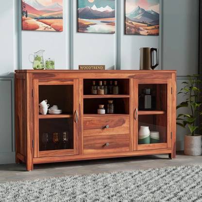 WOODTREND Solid Sheesham Wood Kitchen Sideboard With Multiple Shelves,Glass Doors & Drawer Solid Wood Kitchen Cabinet