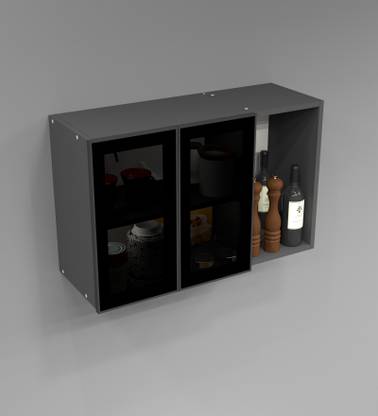 SPECIALITY PANELS Aluminium Profile 2 Grey Tinted Glass handless with 3 Shelfs, French cleat Engineered Wood Crockery Cabinet