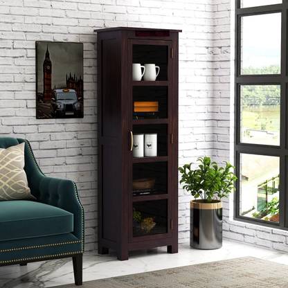 WOODTREND Solid Sheesham Wood Tall Showcase Cabinet With Multiple Shelves And Glass Door Solid Wood Kitchen Cabinet
