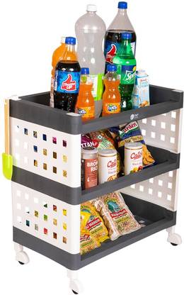 TNT The Next Trend Lexi 3 Tier Multi-Purpose Plastic Storage Organizer Rack with Wheels-(Grey) Plastic Kitchen Trolley