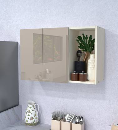SPECIALITY PANELS 2 Door Mirror glossy triple layer UV resistant handless shutter with 3 Shelf Engineered Wood Crockery Cabinet