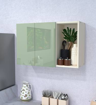SPECIALITY PANELS 2 Door Mirror glossy triple layer UV resistant handless shutter with 3 Shelf Engineered Wood Crockery Cabinet