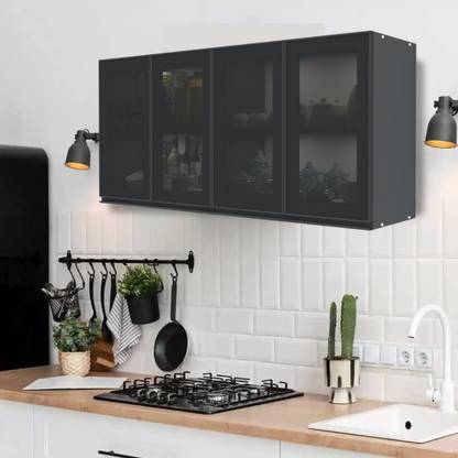 SPECIALITY PANELS Aluminium Black Profile 4 Grey Tinted Glass handless shutters, French cleat Engineered Wood Kitchen Cabinet