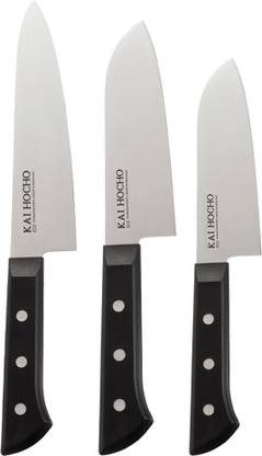 Kai 3 Pc Stainless Steel Knife Set Japanese Hocho knife 18.7 cm, Santoku Knife 17.2 cm, Samall Santoku 14.2 cm