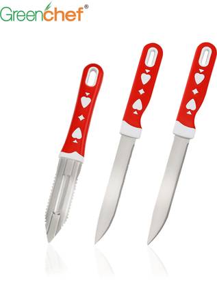 Greenchef 3 Pc Stainless Steel Knife Set - Glitz (red color) (Scrapper, Two Knives)