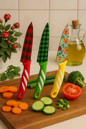 AVMART 3 Pc Stainless Steel Knife Set Beautiful Professional Stainless Steel Floral Design Multi-Color Knife Set (Pack Of 3)