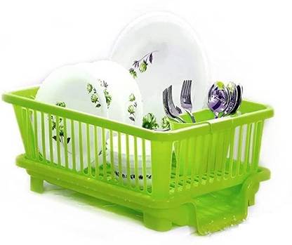 VRTAJJ Dish Drainer Kitchen Rack Plastic 3 in 1 Large Sink Set Drying Washing Basket (GREEN)