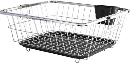 Quickmart Dish Drainer Kitchen Rack Plastic Steel Dish Rack With Handle & Draining Tray Included | 17x22 Inch