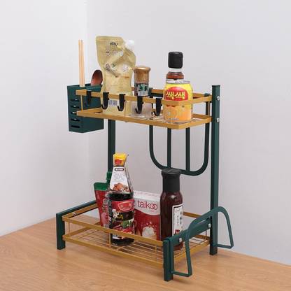 KUBER INDUSTRIES Dish Drainer Kitchen Rack Carbon Steel 2-Layer Dish Drying Rack|Storage Rack for Kitchen Counter (Gold & Green)