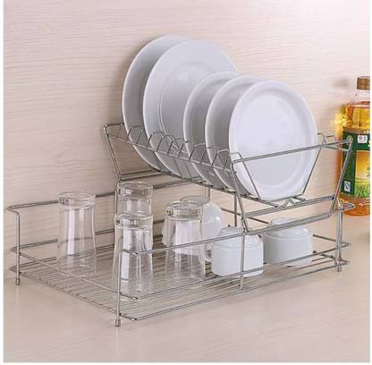L LIVILON Utensil Kitchen Rack Steel 2-Tier Dish Drying Rack | Kitchen Plate and Glass Organizer Stand | Rust-Proof