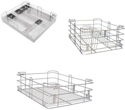 Bloo Basket Utensil Kitchen Rack Steel Stainless Steel Modular Kitchen Basket Accessories cabinets Multipurpose drawer Wired 6" Plain,4" Cutlery,8" Thali (16 Inch Width * 20 Inch Depth) set of 3