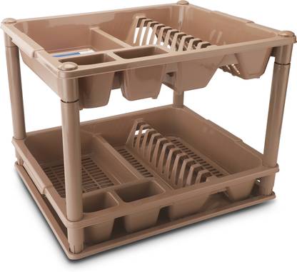 NAYASA Dish Drainer Kitchen Rack Plastic Fancy Double Decker Kitchen Tray, Utensils Drying Rack, Brown
