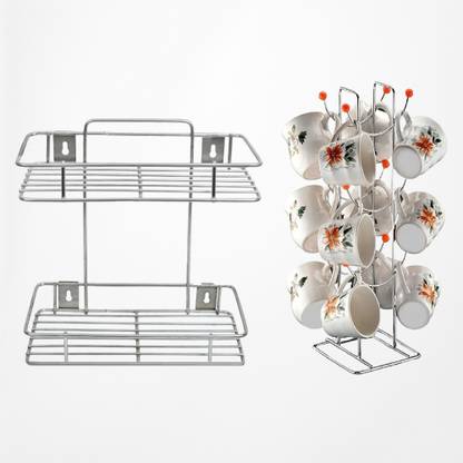 sksj Utensil Kitchen Rack Steel Stainless Steel Kitchen Shelf and Mug Stand Set Combo"