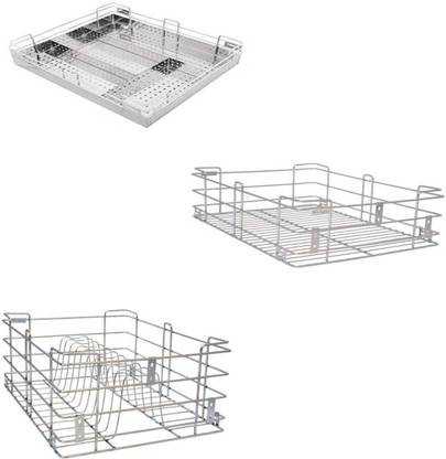 Bloo Basket Utensil Kitchen Rack Steel Stainless Steel Modular Kitchen Basket Accessories cabinets Multipurpose drawer 6" Plain ,4" cutlery , 8" Thali Wired(15 inch width * 20 inch depth) set of 3