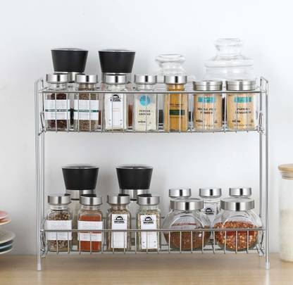 Plantex Plate Kitchen Rack Steel Stainless Steel 2-Tier Bathroom Organizer/Spice Shelf/Storage Rack/Kitchen Rack/Holder(Silver-Chrome)