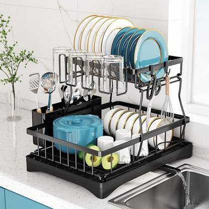 CLOYSTER Dish Drainer Kitchen Rack Carbon Steel 2 Tier Large Sink Organizer Dish Racks